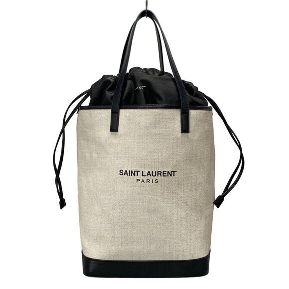 Auth SAINT LAURENT PARIS Teddy 551595 Cream Black Linen Canvas Leather Tote Bag - Picture 1 of 16